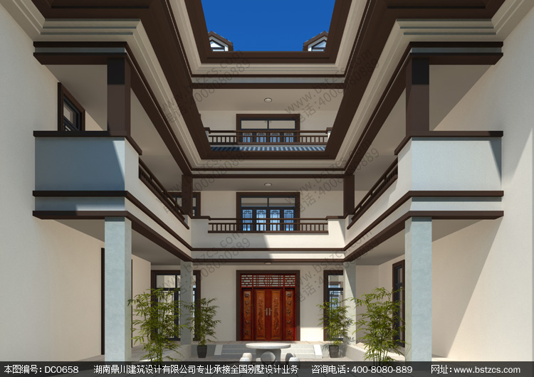 三层新中式风格三合院施工图纸及效果图_农村小三合院
