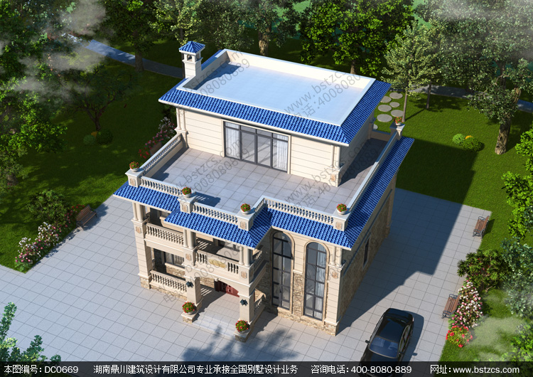 欧式三层带露台平屋顶别墅设计图纸及效果图_农村自建房屋设计图纸
