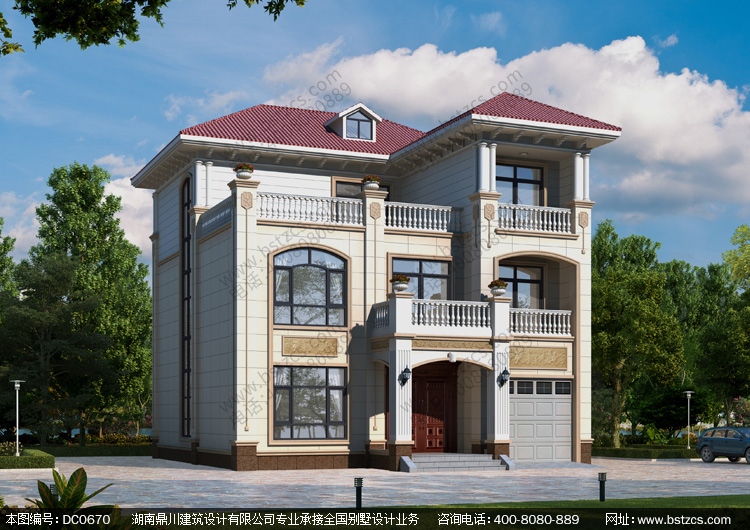欧式三层带车库别墅设计效果图及施工图-农村三层自建房屋设计图-鼎川