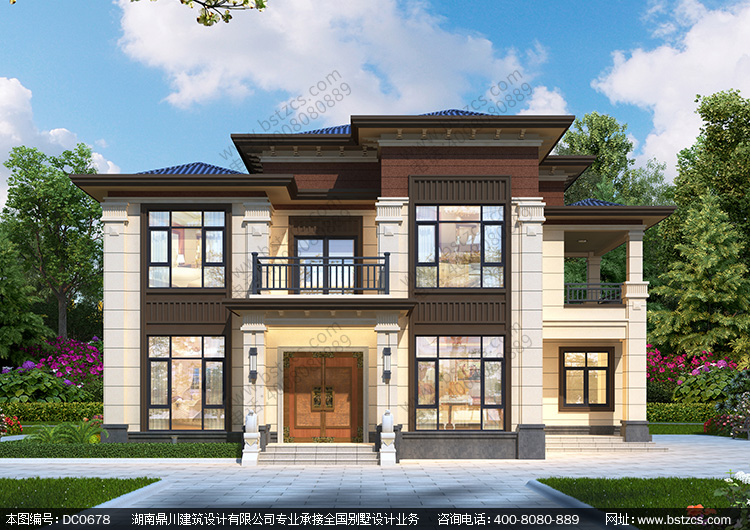 新中式二层带露台实用别墅效果图及施工图纸_农村大气两层自建房设计