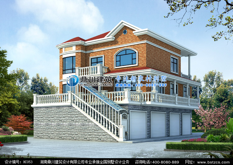 hc053三层带商铺自建房设计图纸效果图,鼎川建筑三层房屋图纸外观设计
