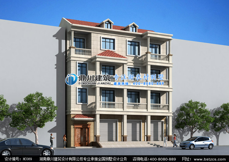 hc089四层带门面自建别墅设计图纸效果图,鼎川建筑四层带商铺自建房