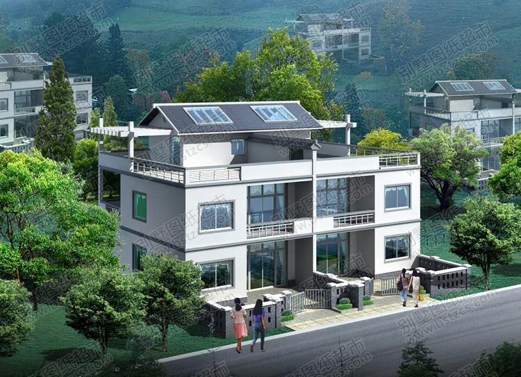 农村二层半双拼自建房设计效果图_效果图库_别墅图纸